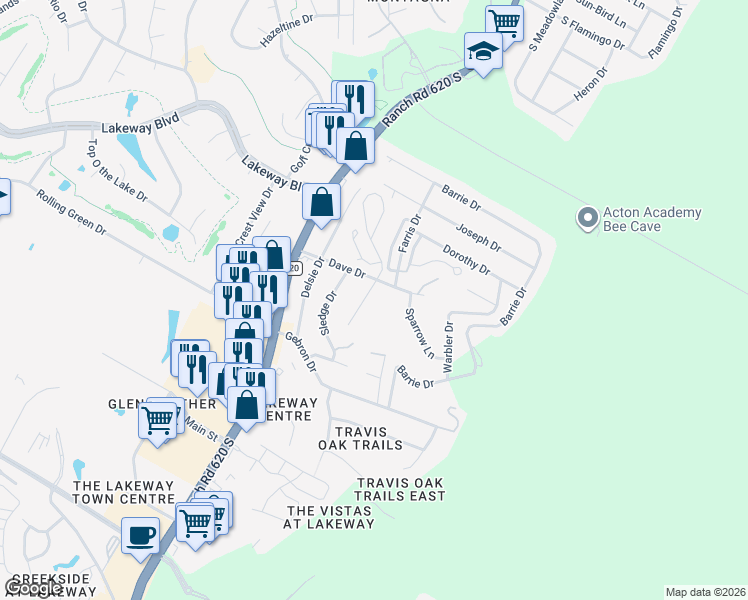 map of restaurants, bars, coffee shops, grocery stores, and more near 1103 Big Bill Court in Lakeway