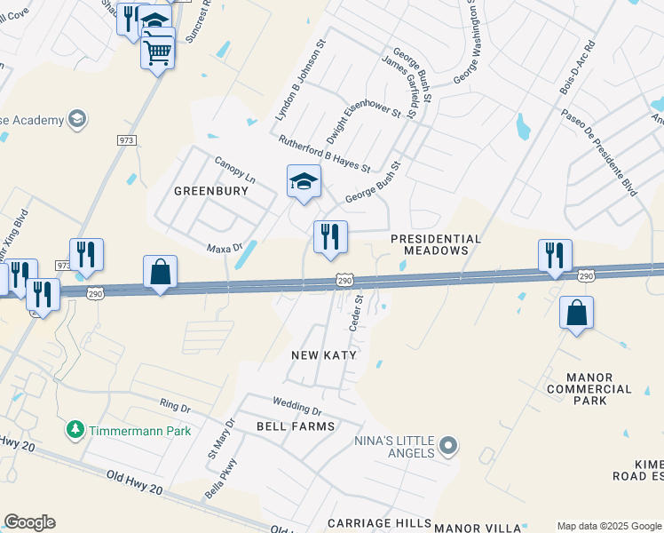 map of restaurants, bars, coffee shops, grocery stores, and more near 12836 U.S. 290 in Manor