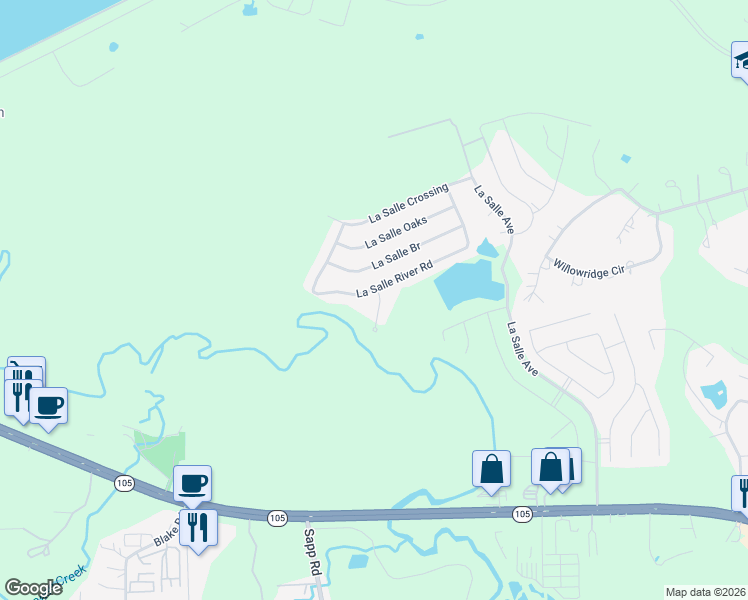 map of restaurants, bars, coffee shops, grocery stores, and more near 1995 La Salle Park Drive in Conroe