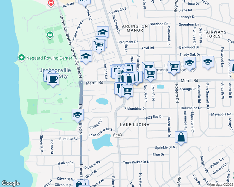 map of restaurants, bars, coffee shops, grocery stores, and more near 2712 Florida 109A in Jacksonville