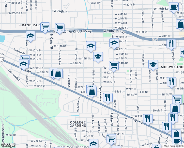 map of restaurants, bars, coffee shops, grocery stores, and more near 2214 Pullman Avenue in Jacksonville