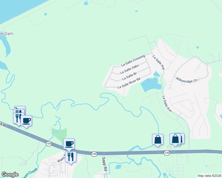 map of restaurants, bars, coffee shops, grocery stores, and more near 2348 La Salle Woods in Conroe