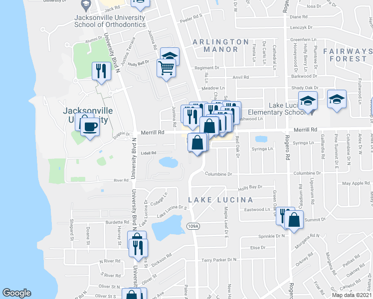 map of restaurants, bars, coffee shops, grocery stores, and more near 2732 Trollie Lane in Jacksonville