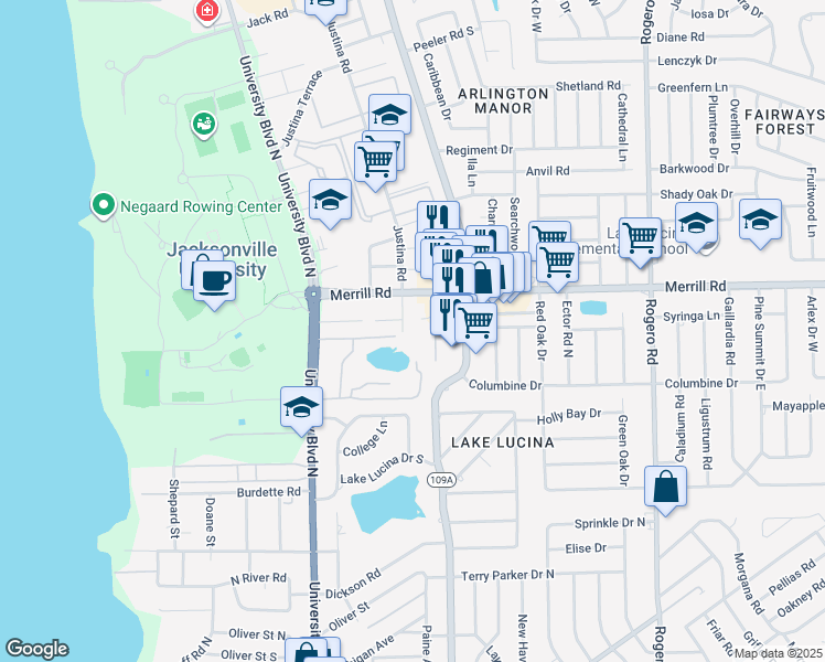 map of restaurants, bars, coffee shops, grocery stores, and more near 2732 Trollie Lane in Jacksonville