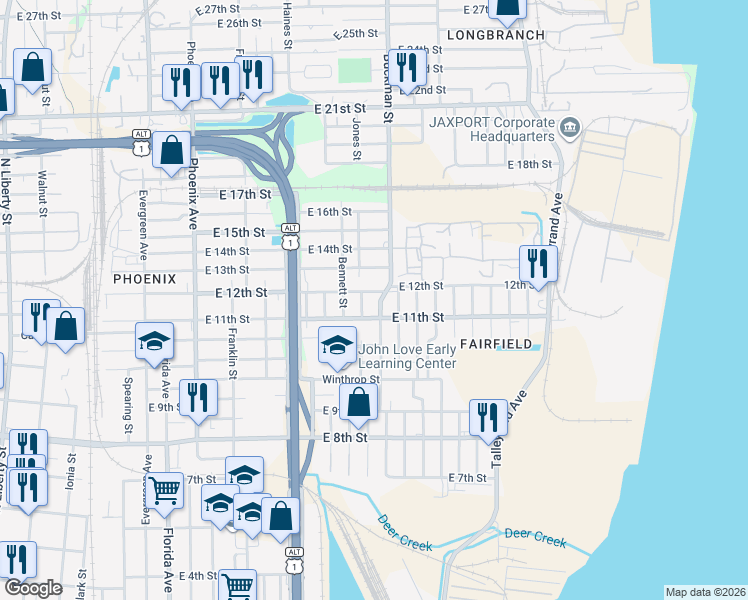 map of restaurants, bars, coffee shops, grocery stores, and more near 1635 East 12th Street in Jacksonville