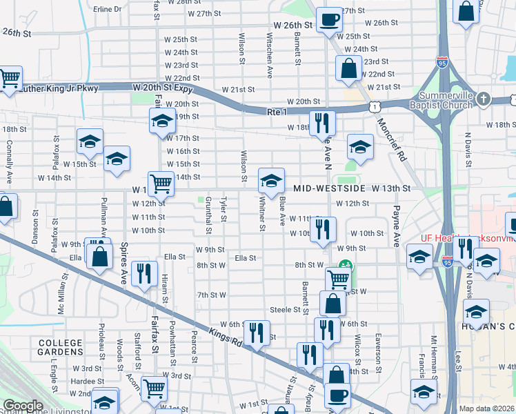 map of restaurants, bars, coffee shops, grocery stores, and more near 2110 Blue Avenue in Jacksonville