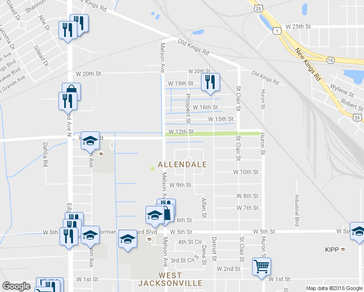 map of restaurants, bars, coffee shops, grocery stores, and more near 3124 West 12th Street in Jacksonville