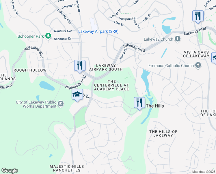 map of restaurants, bars, coffee shops, grocery stores, and more near 48 Tournament Way in The Hills
