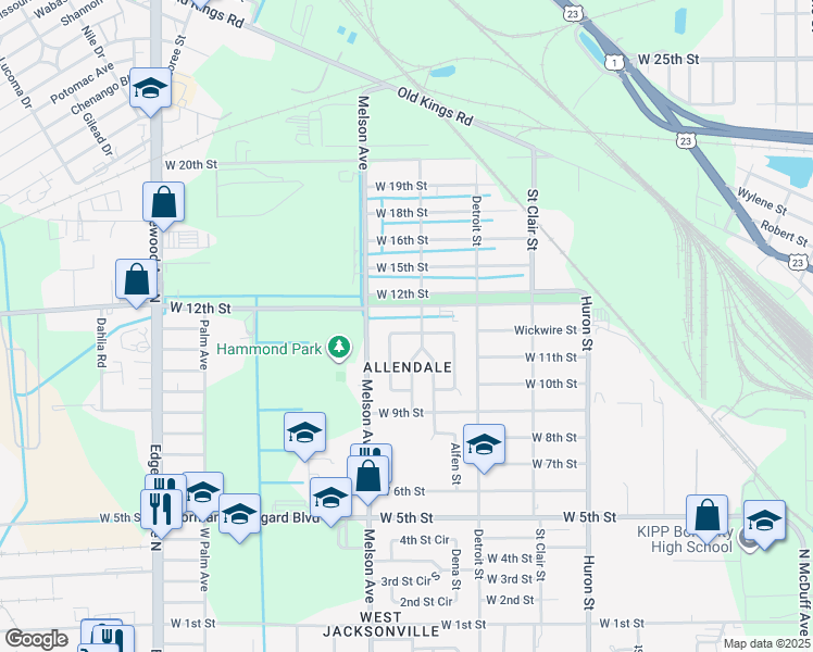 map of restaurants, bars, coffee shops, grocery stores, and more near 3124 West 12th Street in Jacksonville
