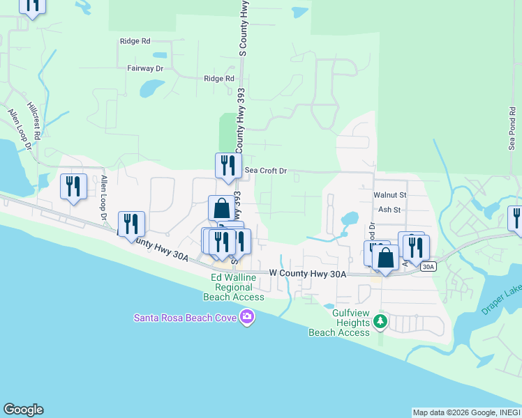 map of restaurants, bars, coffee shops, grocery stores, and more near 55 Louva Lane in Santa Rosa Beach