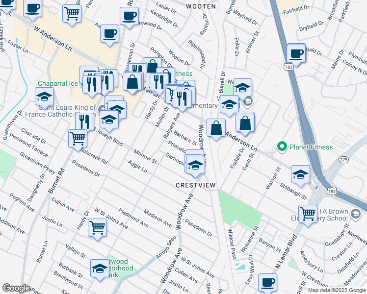 map of restaurants, bars, coffee shops, grocery stores, and more near 1711 Barbara Street in Austin
