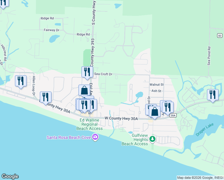 map of restaurants, bars, coffee shops, grocery stores, and more near 12 North Deno Drive in Santa Rosa Beach