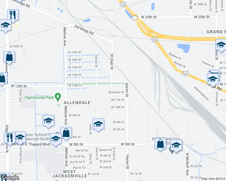map of restaurants, bars, coffee shops, grocery stores, and more near 2879 Wickwire Street in Jacksonville