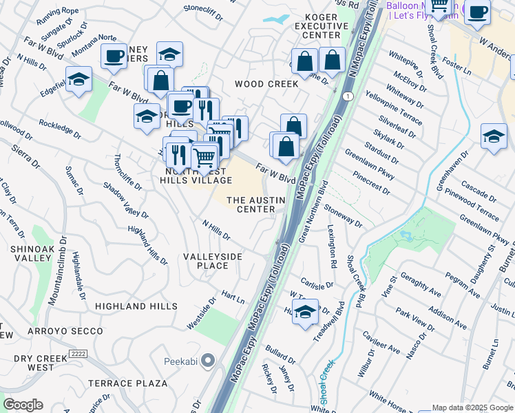 map of restaurants, bars, coffee shops, grocery stores, and more near 6818 Austin Center Boulevard in Austin