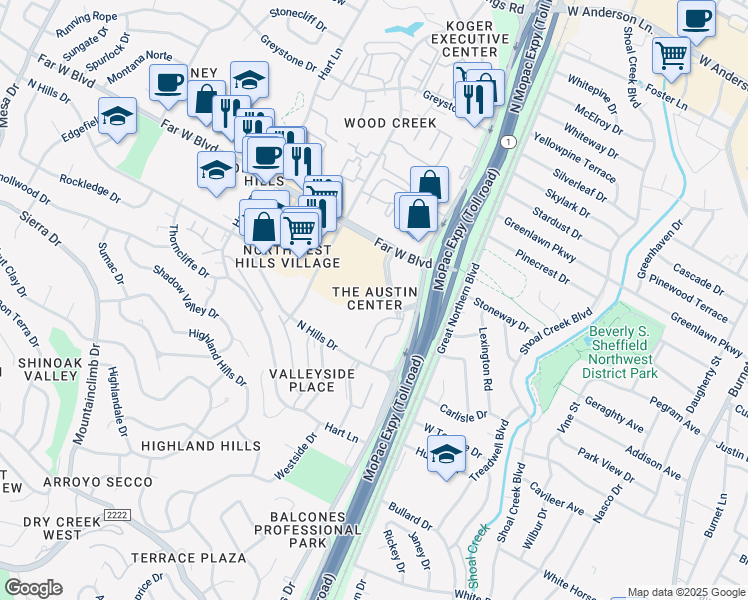 map of restaurants, bars, coffee shops, grocery stores, and more near 6818 Austin Center Boulevard in Austin