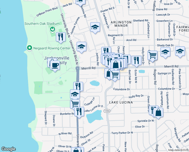 map of restaurants, bars, coffee shops, grocery stores, and more near 5743 Green Palm Lane in Jacksonville