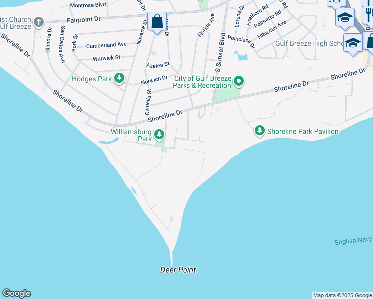 map of restaurants, bars, coffee shops, grocery stores, and more near 417 Shenandoah Drive in Gulf Breeze