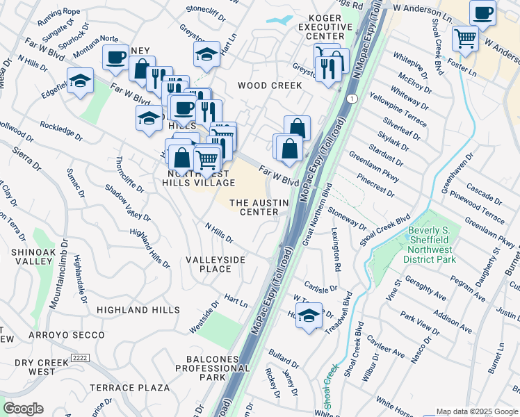 map of restaurants, bars, coffee shops, grocery stores, and more near 6836 Austin Center Boulevard in Austin