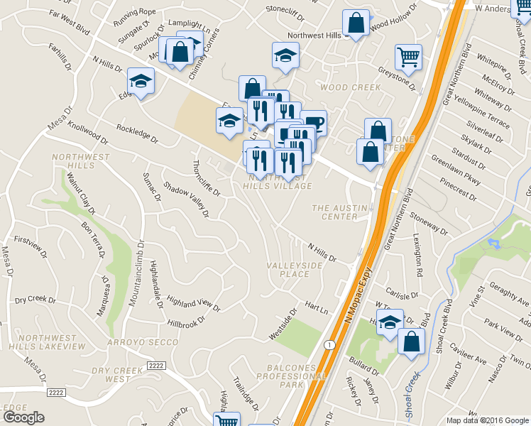 map of restaurants, bars, coffee shops, grocery stores, and more near 3537 North Hills Drive in Austin