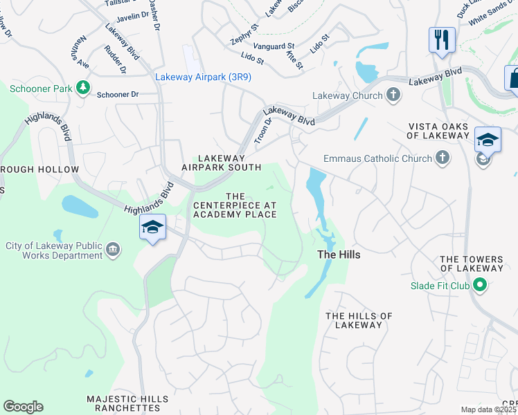 map of restaurants, bars, coffee shops, grocery stores, and more near 72 Tournament Way in Austin