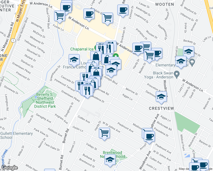 map of restaurants, bars, coffee shops, grocery stores, and more near 7508 Saint Louis Street in Austin