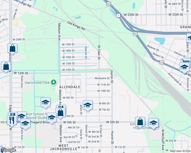 map of restaurants, bars, coffee shops, grocery stores, and more near 2920 West 12th Street in Jacksonville
