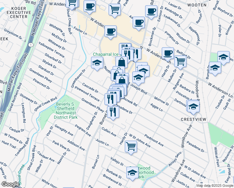 map of restaurants, bars, coffee shops, grocery stores, and more near Burnet Rd & Richcreek Rd in Austin