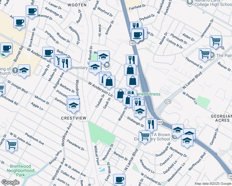 map of restaurants, bars, coffee shops, grocery stores, and more near 7927 Gault Street in Austin