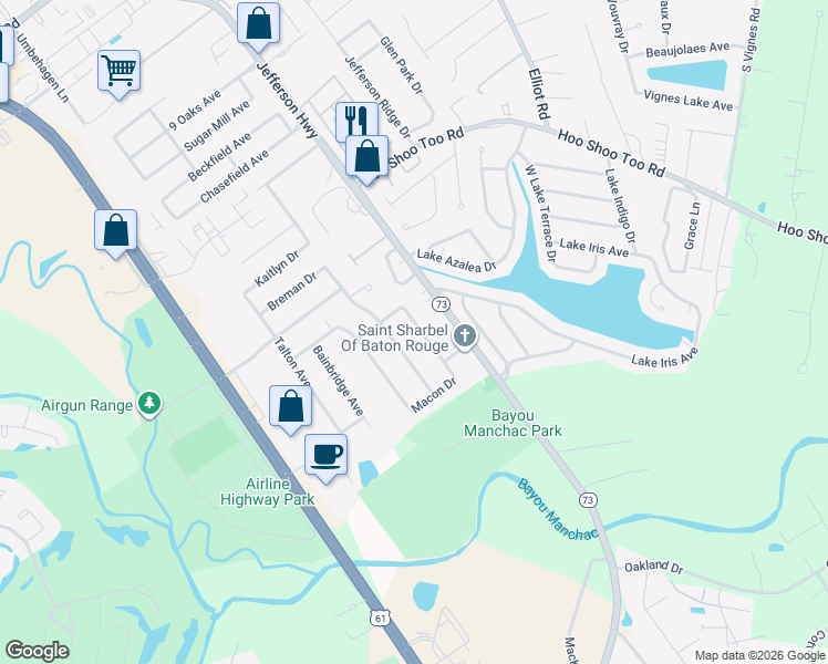 map of restaurants, bars, coffee shops, grocery stores, and more near 11341 Blanton Avenue in Baton Rouge