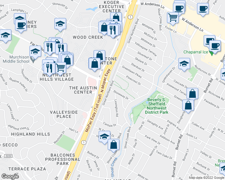 map of restaurants, bars, coffee shops, grocery stores, and more near 3104 Stoneway Drive in Austin