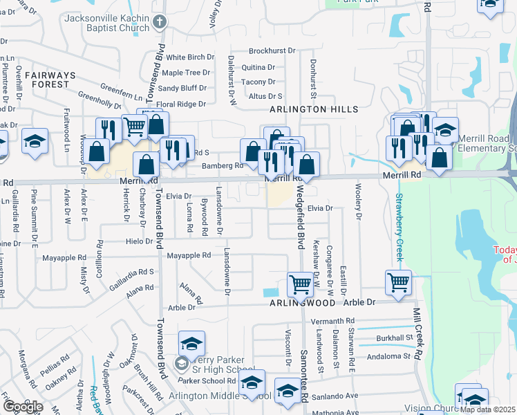 map of restaurants, bars, coffee shops, grocery stores, and more near 7500 Elvia Drive in Jacksonville