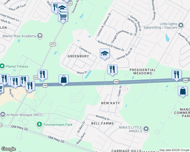 map of restaurants, bars, coffee shops, grocery stores, and more near 13232 George Bush Street in Manor