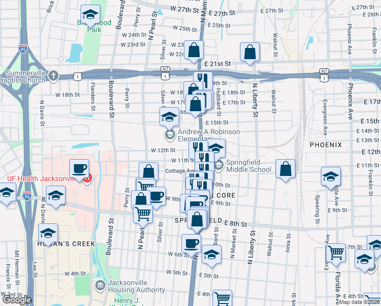 map of restaurants, bars, coffee shops, grocery stores, and more near 2202 U.S. 17 in Jacksonville