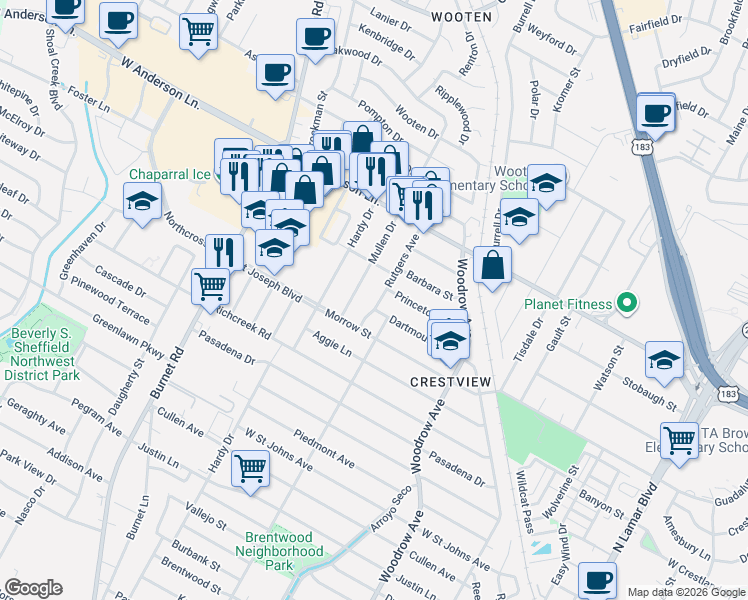 map of restaurants, bars, coffee shops, grocery stores, and more near 7710 Rutgers Avenue in Austin