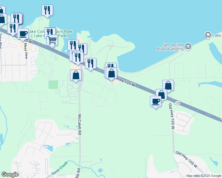 map of restaurants, bars, coffee shops, grocery stores, and more near 14508 Lake Business Drive in Conroe