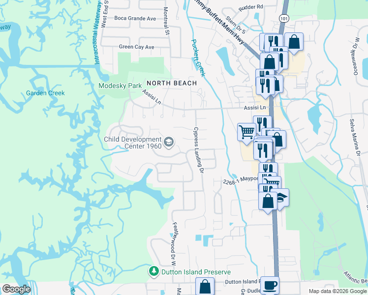 map of restaurants, bars, coffee shops, grocery stores, and more near 1084 Willow Cove Court West in Atlantic Beach