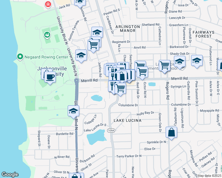 map of restaurants, bars, coffee shops, grocery stores, and more near 2712 Florida 109A in Jacksonville