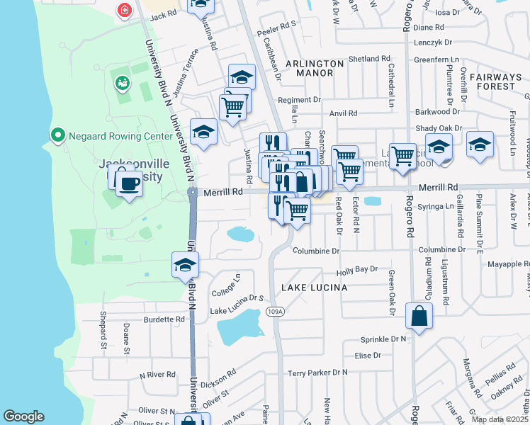 map of restaurants, bars, coffee shops, grocery stores, and more near 2732 Trollie Lane in Jacksonville
