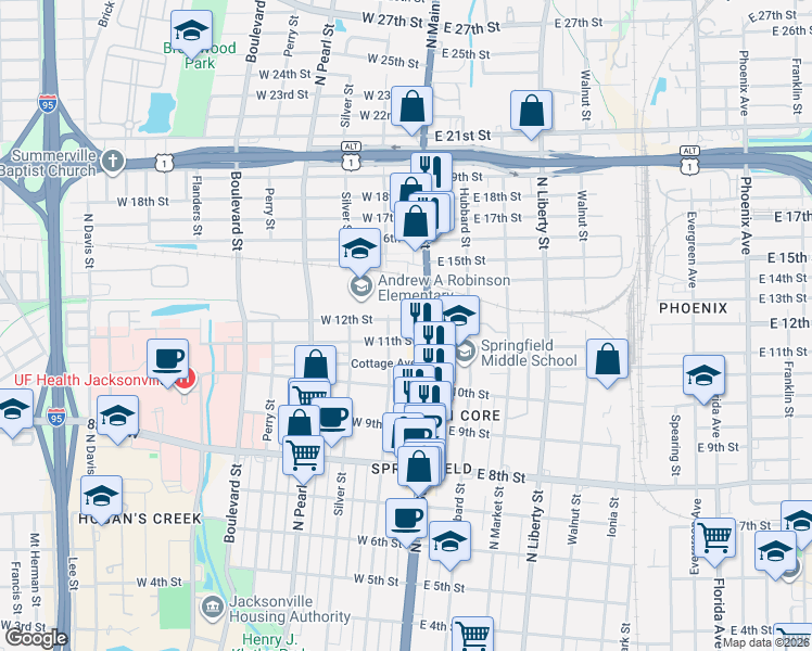 map of restaurants, bars, coffee shops, grocery stores, and more near 2202 U.S. 17 in Jacksonville