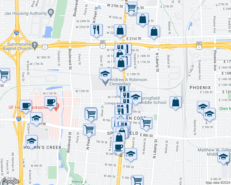 map of restaurants, bars, coffee shops, grocery stores, and more near 112 West 12th Street in Jacksonville