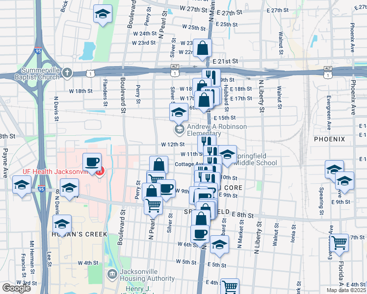 map of restaurants, bars, coffee shops, grocery stores, and more near 112 West 12th Street in Jacksonville
