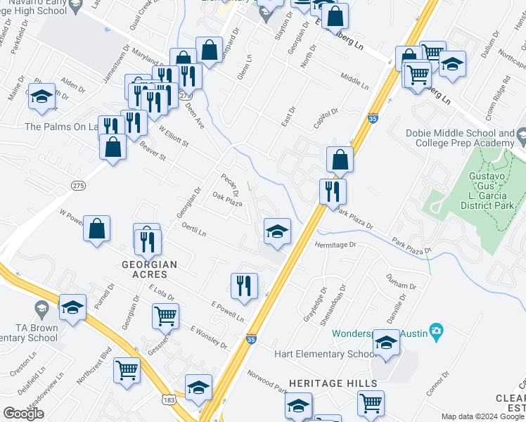 map of restaurants, bars, coffee shops, grocery stores, and more near 600 Barwood Park in Austin