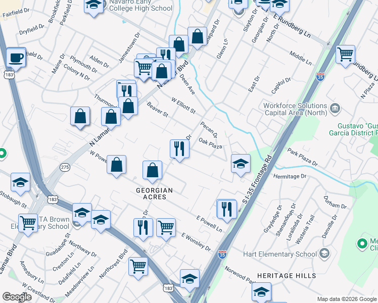 map of restaurants, bars, coffee shops, grocery stores, and more near 8412 Georgian Drive in Austin