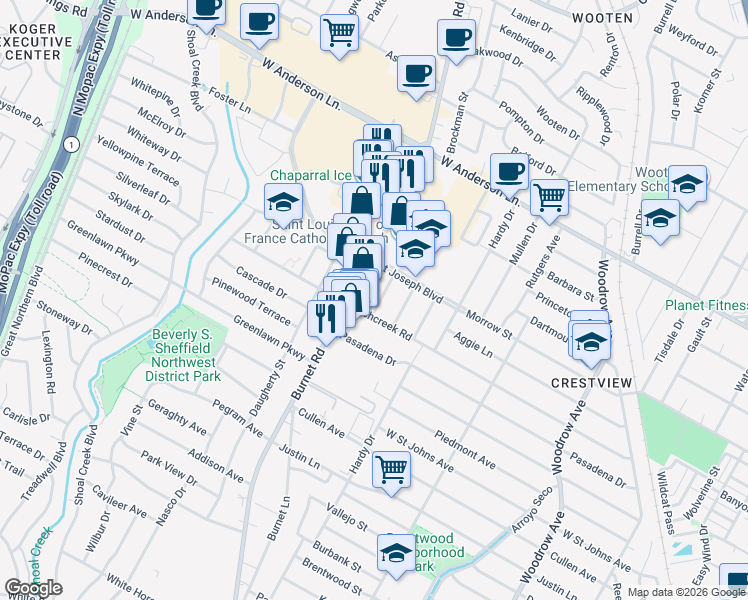 map of restaurants, bars, coffee shops, grocery stores, and more near 7504 Saint Cecelia Street in Austin