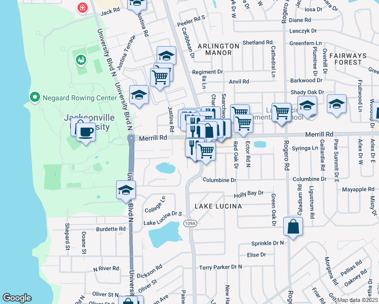 map of restaurants, bars, coffee shops, grocery stores, and more near 2712 Florida 109A in Jacksonville