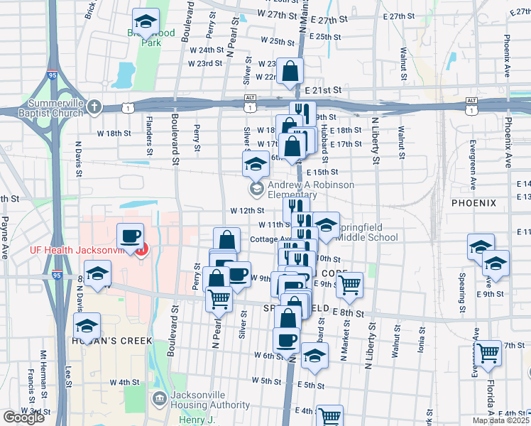 map of restaurants, bars, coffee shops, grocery stores, and more near 112 West 12th Street in Jacksonville