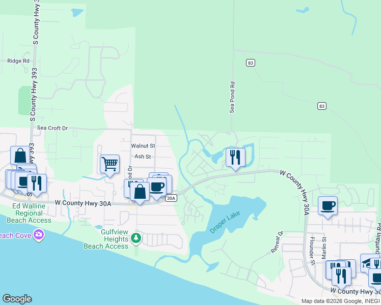 map of restaurants, bars, coffee shops, grocery stores, and more near 16 Lanier Lane in Santa Rosa Beach