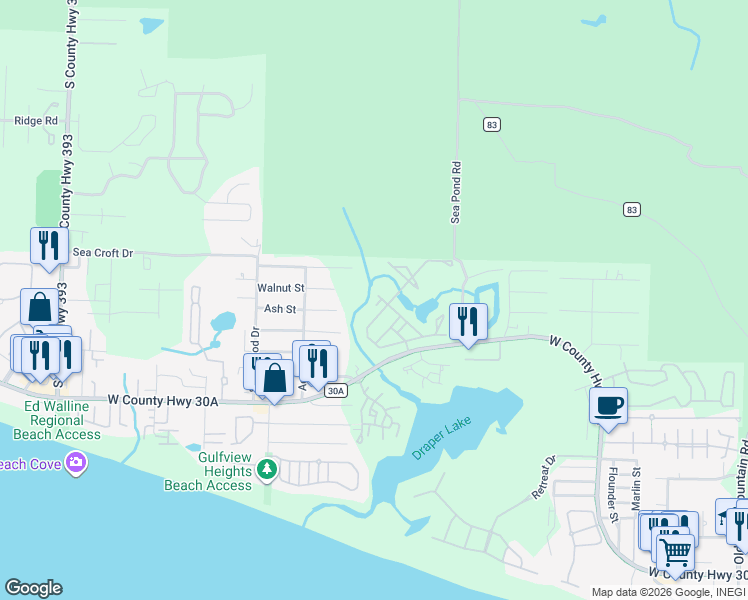 map of restaurants, bars, coffee shops, grocery stores, and more near 16 Lanier Lane in Santa Rosa Beach