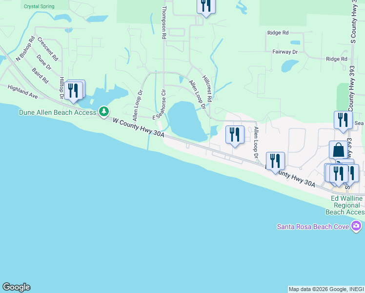 map of restaurants, bars, coffee shops, grocery stores, and more near 5341 West County Highway 30A in Santa Rosa Beach
