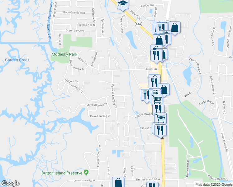 map of restaurants, bars, coffee shops, grocery stores, and more near 1051 Cove Landing Drive in Atlantic Beach